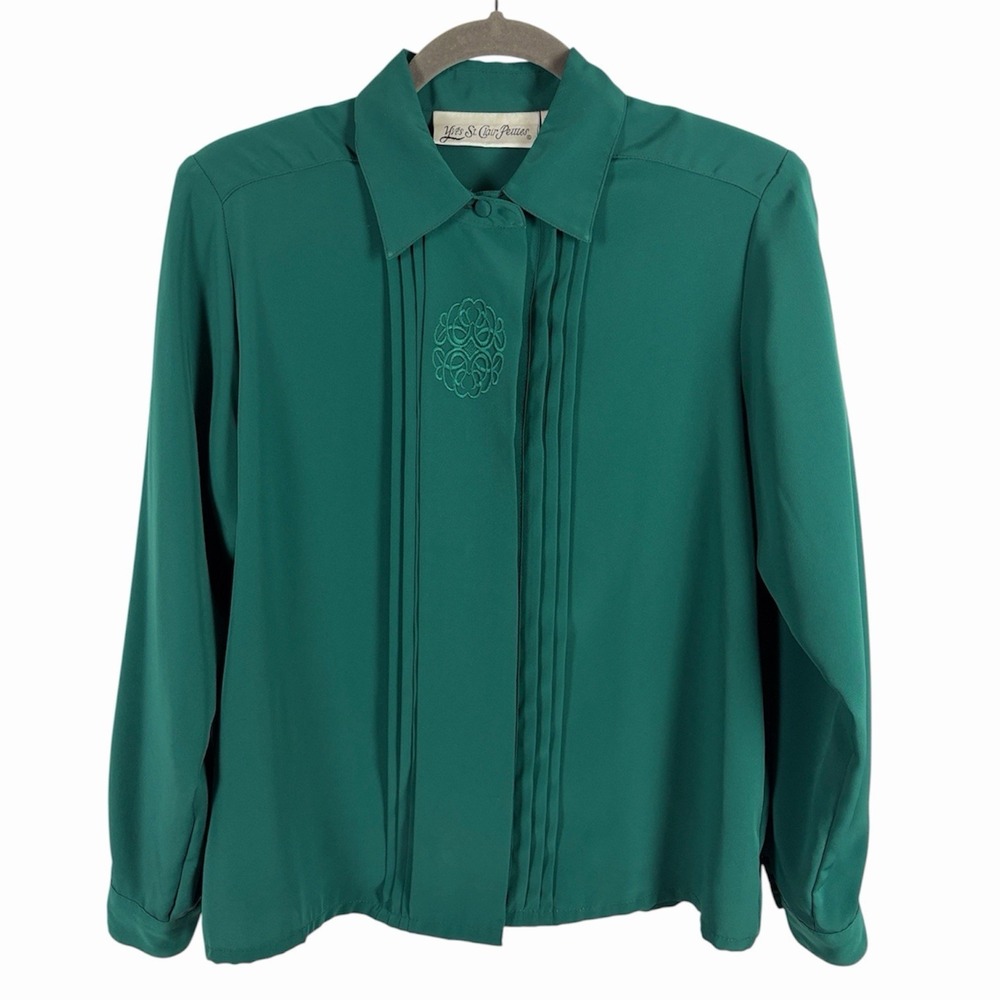 Yves St Clair Petites Green Button Up, Pleated Front‎ Blouse Top Size 8P EUC
